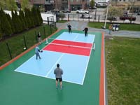 Friends trying out one of the new pickleball courts at Lawn on the D in Boston, MA.