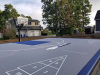 Grey and blue backyard basketball court plus shuffleboard, featuring custom insect logo, in Cumberland, Rhode Island.