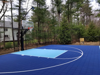 Royal and light blue residential basketball court in Foxboro, MA.