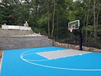 Light blue and grey home basketball court in Lexington, MA.