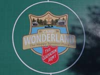 Closeup of Camp Wonderland logo on basketball court in Sharon, MA.