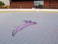 View of freshly built and surfaced outdoor rink for inline hockey, with antelope logo in foreground, at Grand Canyon University in Phoenix, AZ.