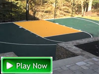 Basketball court with landscaping, wall and patio in Norfolk, MA